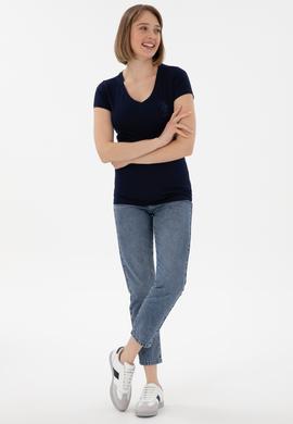 Kadın Lacivert V Yaka Basic Tişört - 50300828015