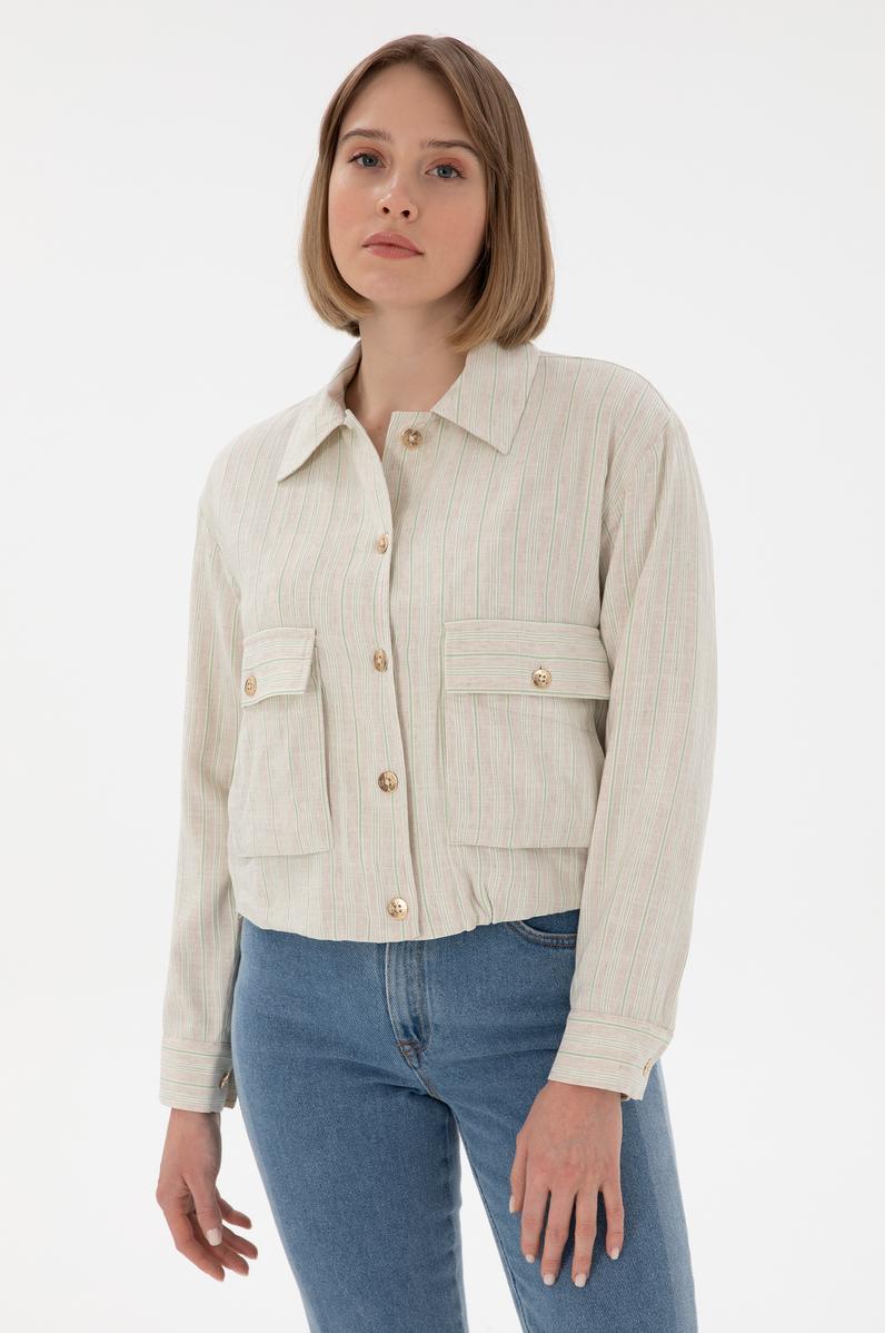 Kadın Su Yeşili Keten Karışımlı Ceket