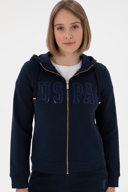 Kadın Lacivert Kapüşonlu Fermuarlı Sweatshirt