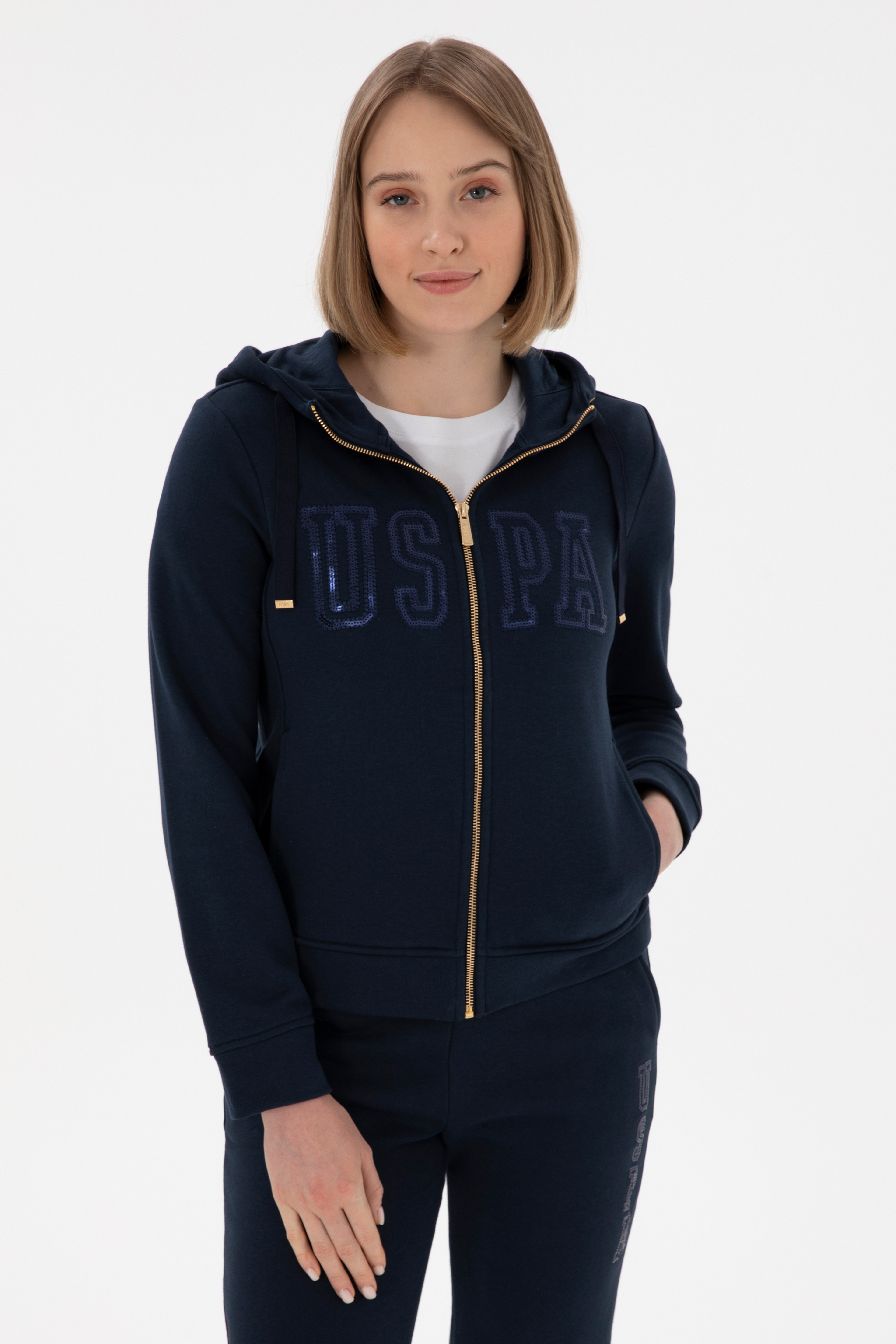 Kadın Lacivert Kapüşonlu Fermuarlı Sweatshirt - Image 1