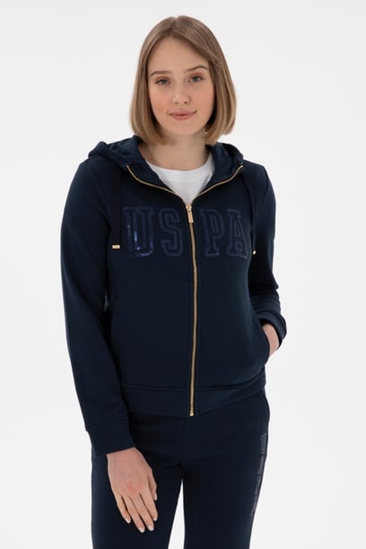 Kadın Lacivert Kapüşonlu Fermuarlı Sweatshirt