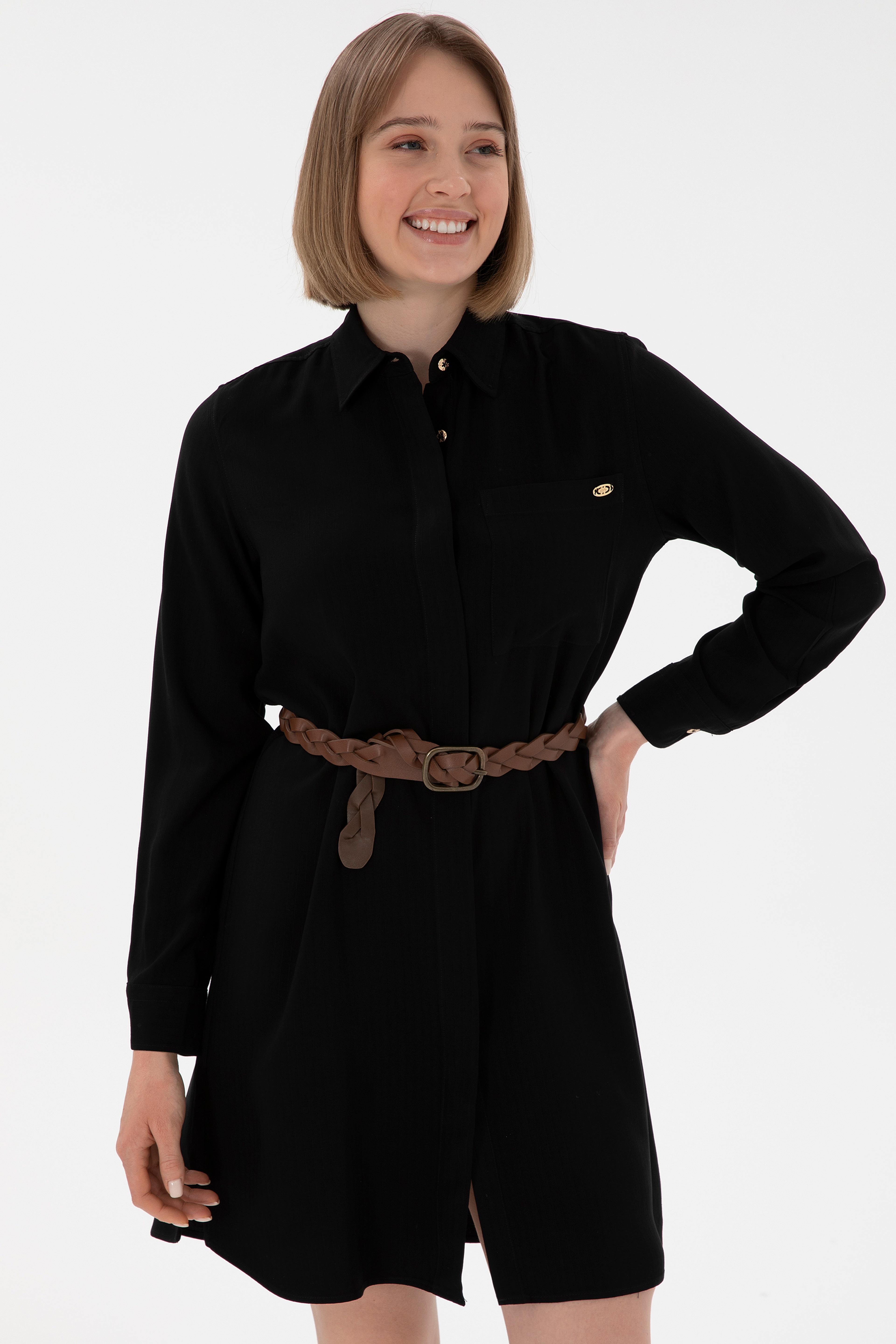 Kadın Siyah Mini Boy Dokuma Elbise - Image 2