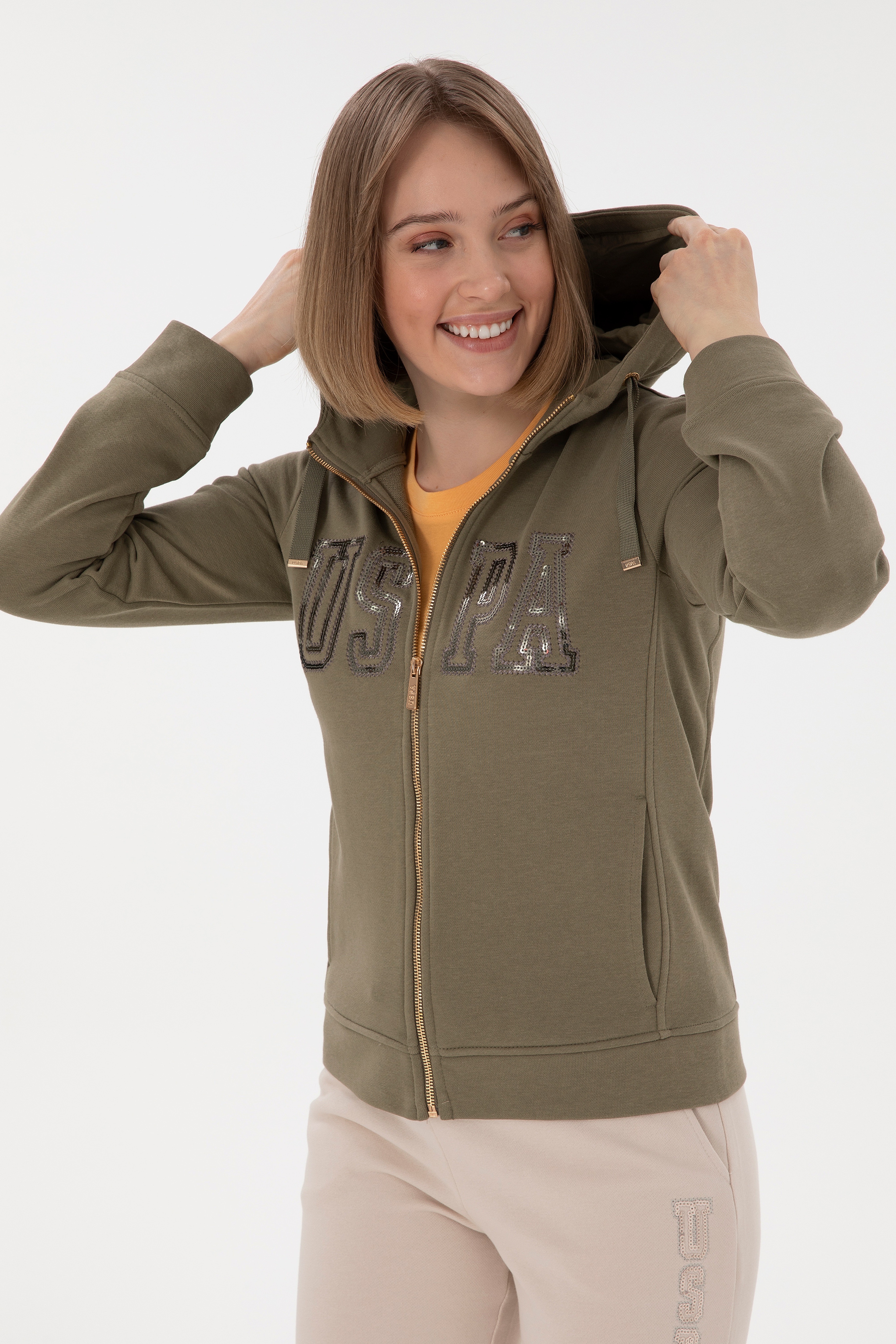 Kadın Vizon Kapüşonlu Fermuarlı Sweatshirt - Image 3