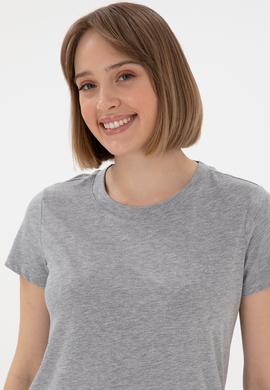 Kadın Gri Melanj Bisiklet Yaka Basic Tişört - 50305879030