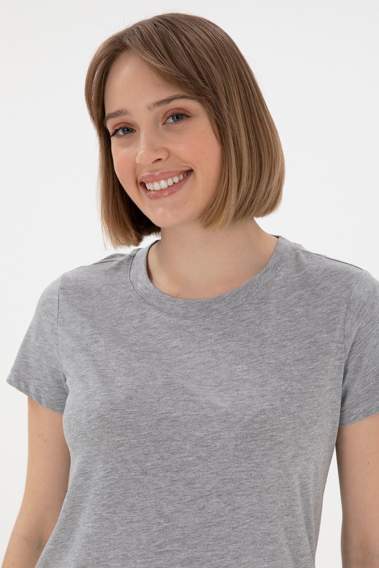 Kadın Gri Melanj Bisiklet Yaka Basic Tişört - 50305879030