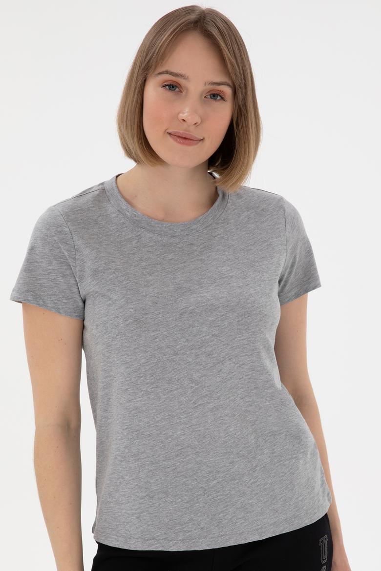 Kadın Gri Melanj Bisiklet Yaka Basic Tişört - 50305879030