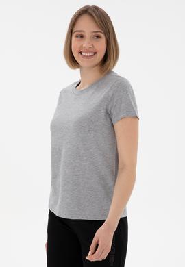 Kadın Gri Melanj Bisiklet Yaka Basic Tişört - 50305879030