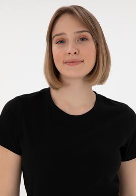 Kadın Siyah Bisiklet Yaka Basic Tişört - 50305879045