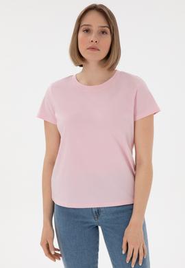Kadın Açık Pembe Bisiklet Yaka Basic Tişört - 50305879054