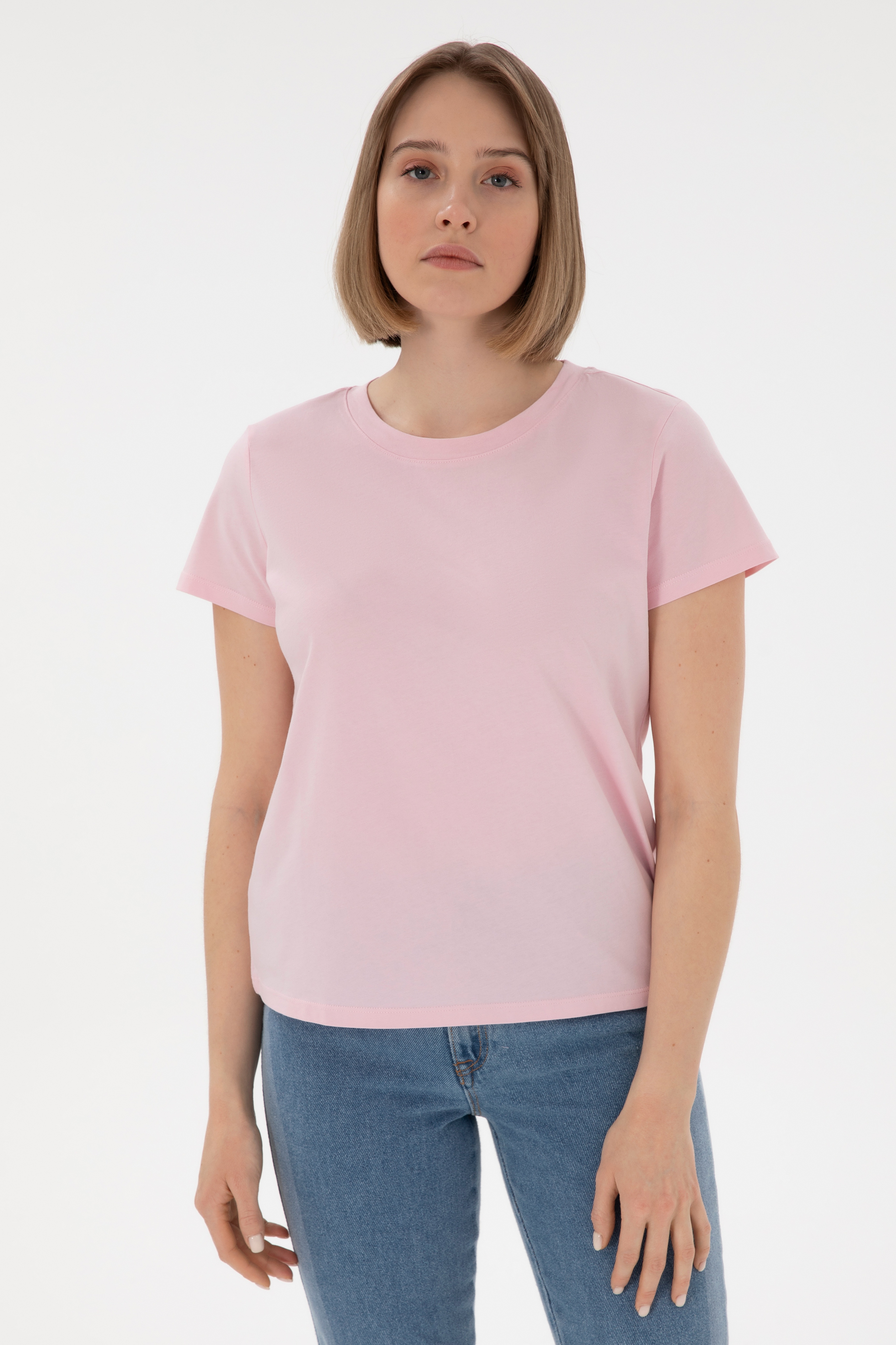 Kadın Açık Pembe Bisiklet Yaka Basic Tişört - Image 1