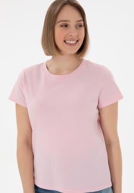Kadın Açık Pembe Bisiklet Yaka Basic Tişört - 50305879054