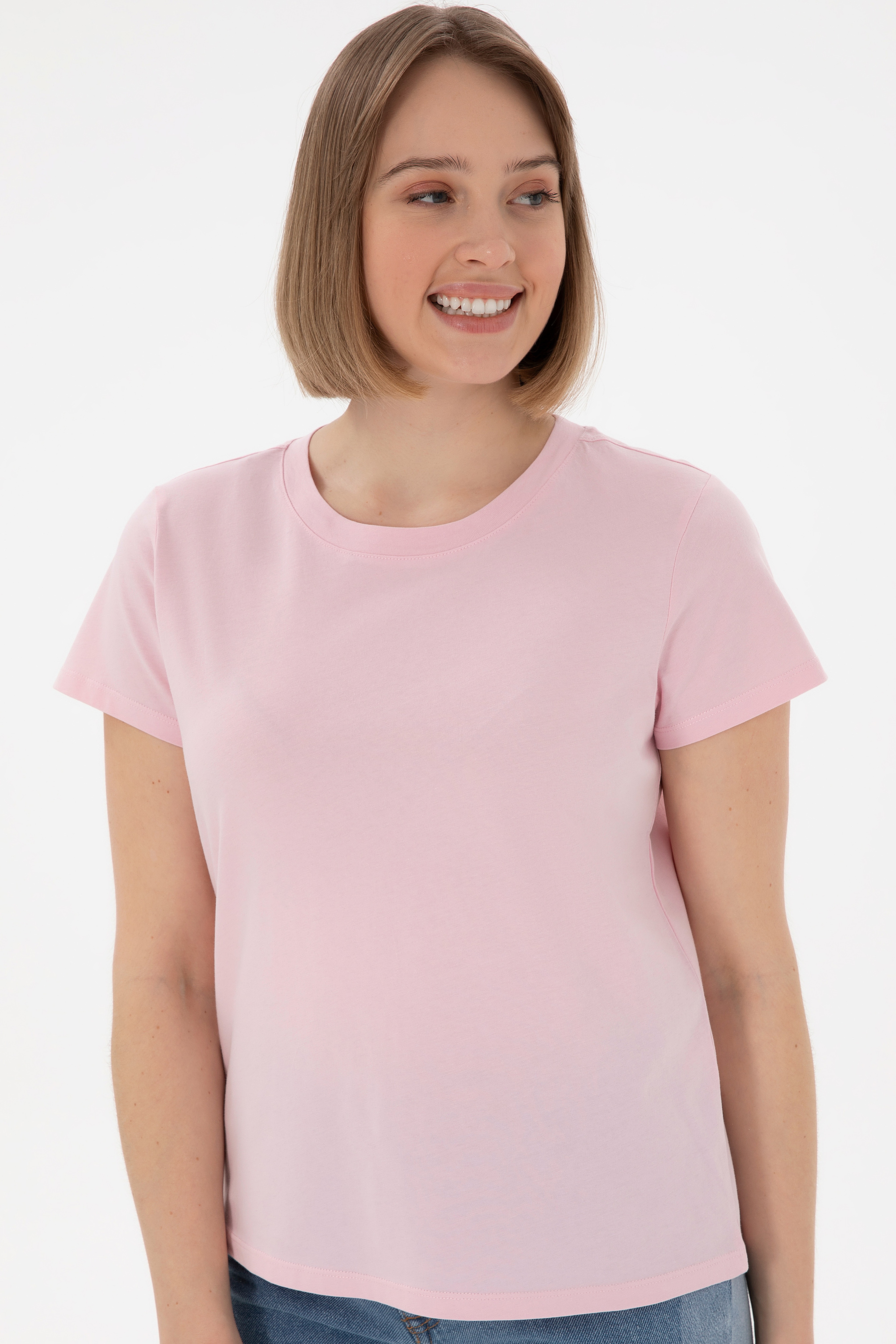 Kadın Açık Pembe Bisiklet Yaka Basic Tişört - Image 3