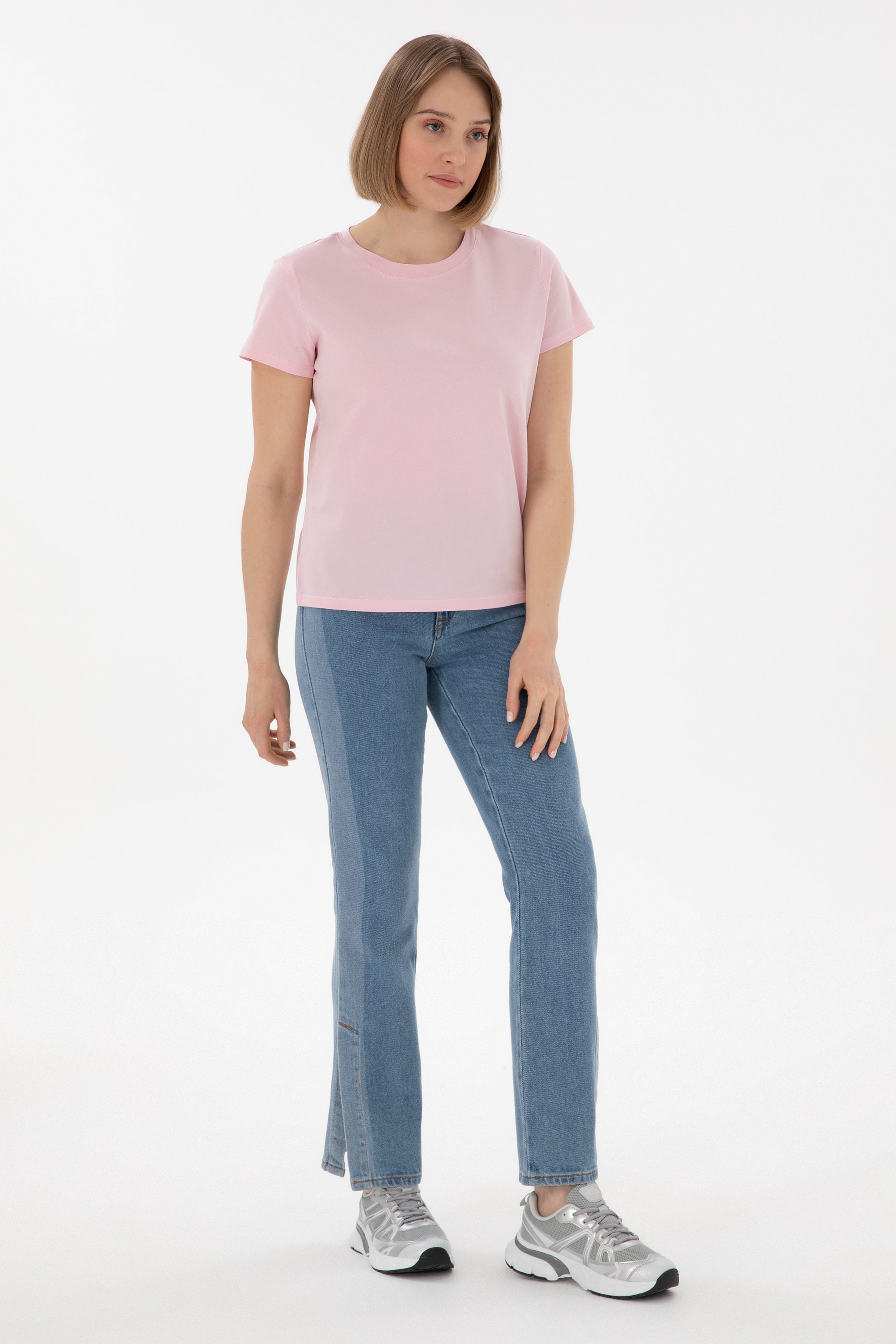 Kadın Açık Pembe Bisiklet Yaka Basic Tişört - Image 4
