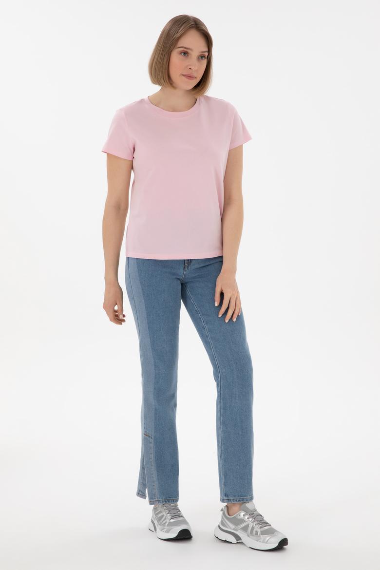 Kadın Açık Pembe Bisiklet Yaka Basic Tişört - 50305879054