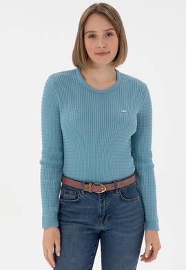 Kadın Mavi Bisiklet Yaka Basic Kazak - 50312922033