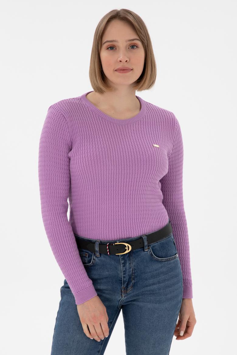 Kadın Lila Bisiklet Yaka Basic Kazak