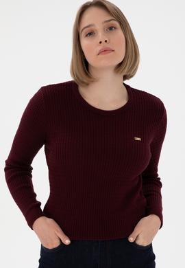 Kadın Koyu Bordo Bisiklet Yaka Basic Kazak - 50312922004