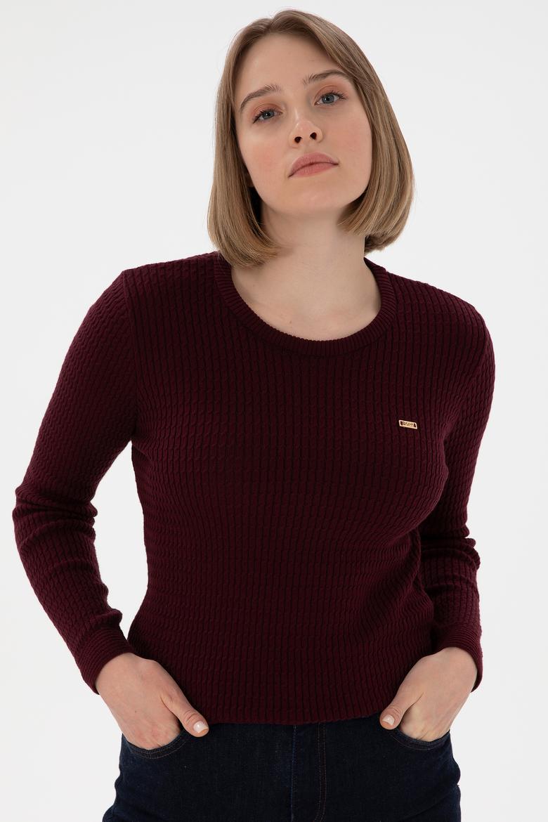 Kadın Koyu Bordo Bisiklet Yaka Basic Kazak - 50312922004