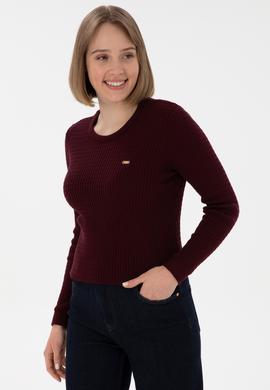 Kadın Koyu Bordo Bisiklet Yaka Basic Kazak - 50312922004