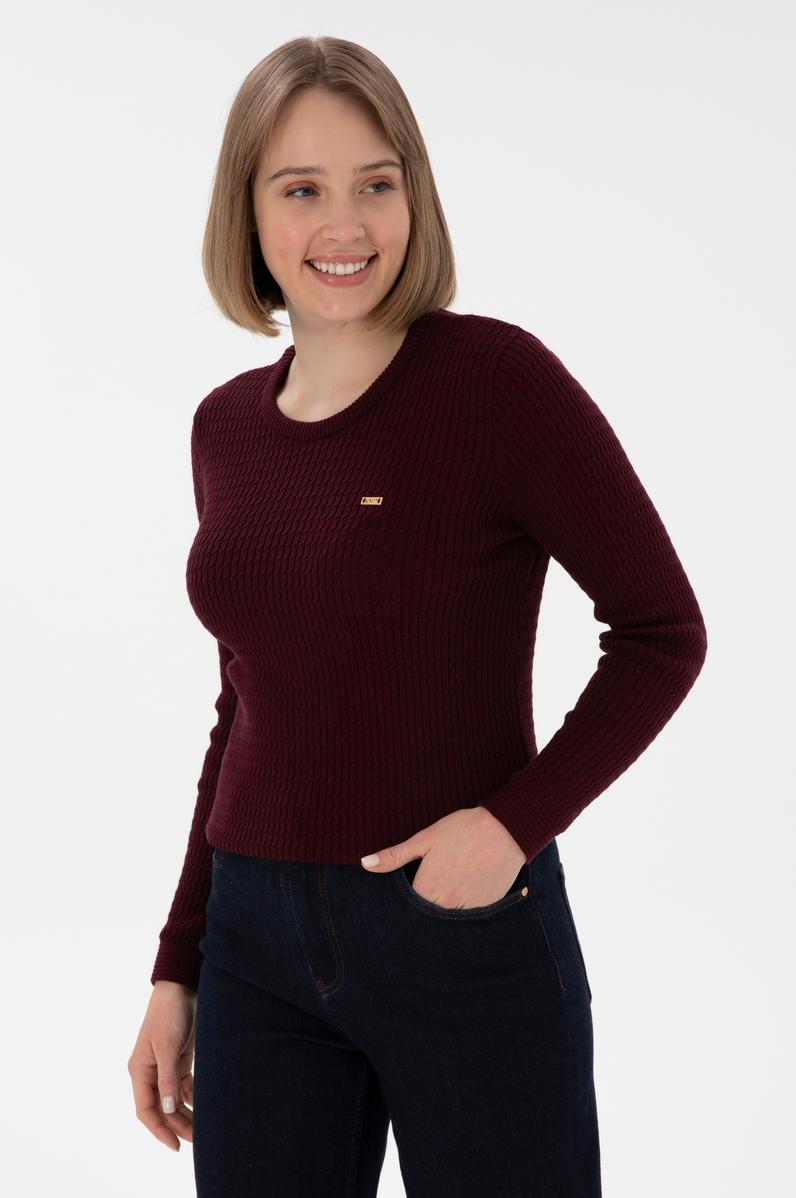 Kadın Koyu Bordo Bisiklet Yaka Basic Kazak