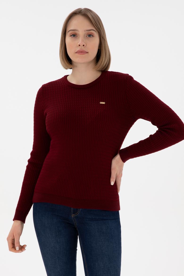 Kadın Bordo Bisiklet Yaka Basic Kazak