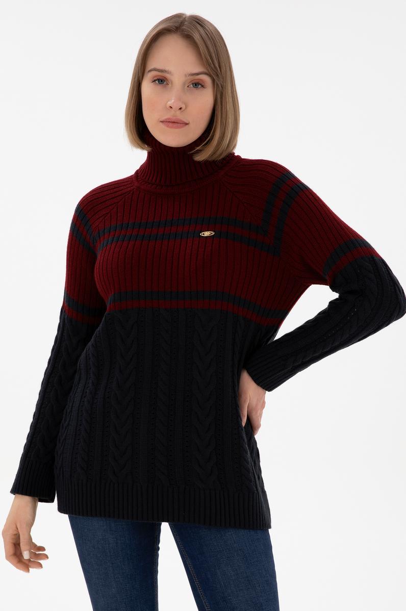 Kadın Bordo Boğazlı Kazak