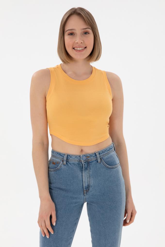 Kadın Turuncu Kolsuz Bisiklet Yaka Crop Basic Tişört