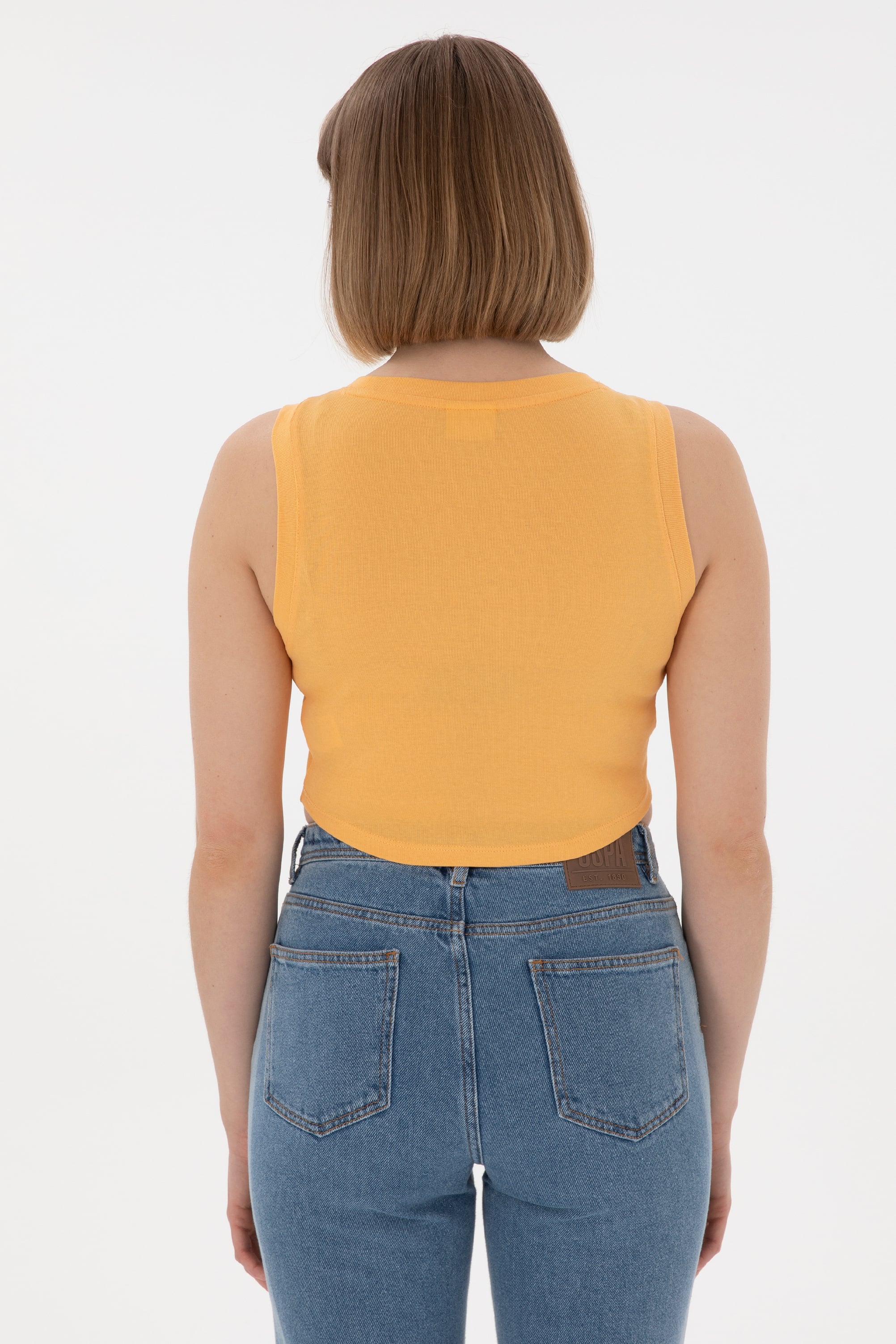 Kadın Turuncu Kolsuz Bisiklet Yaka Crop Basic Tişört