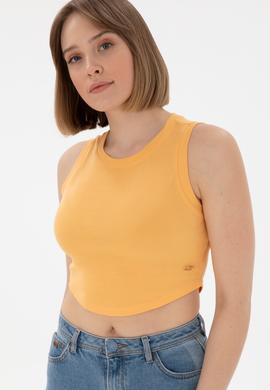 Kadın Turuncu Kolsuz Bisiklet Yaka Crop Basic Tişört - 50305695043