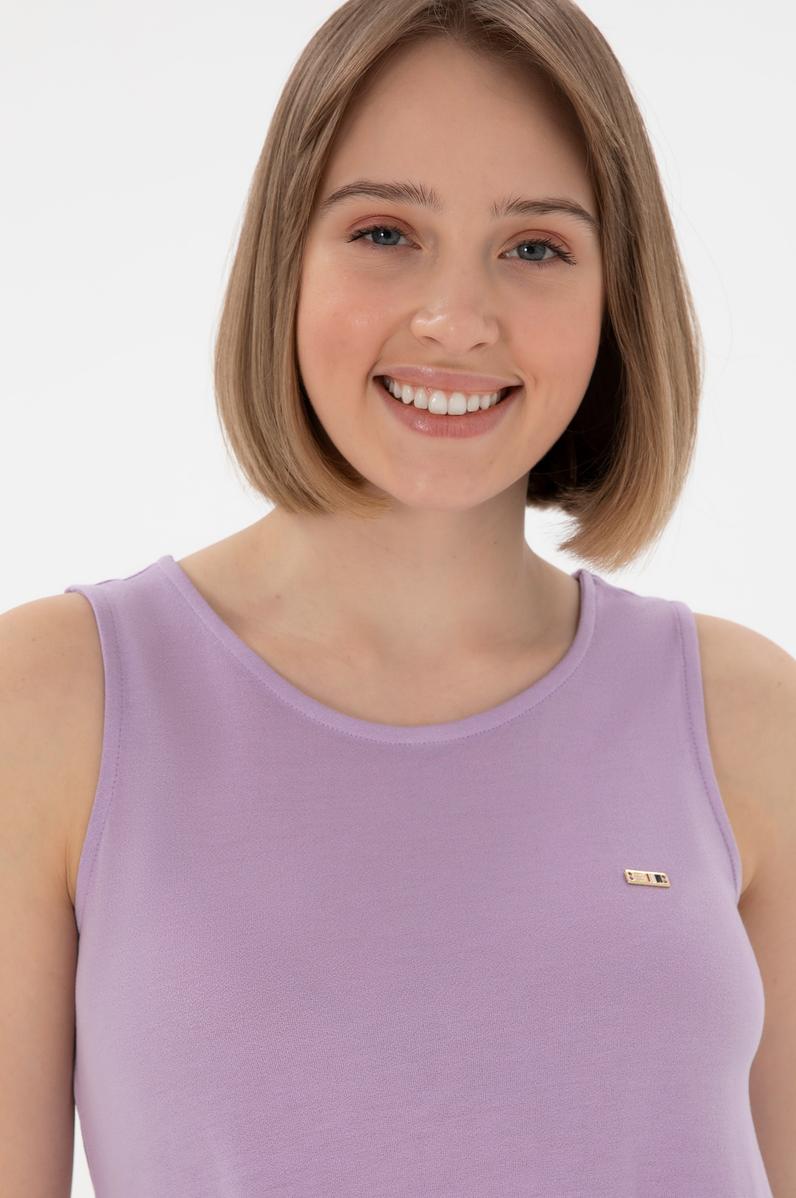Kadın Lila Kolsuz Bisiklet Yaka Tişört