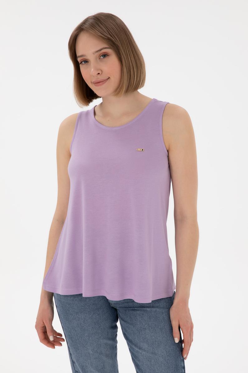 Kadın Lila Kolsuz Bisiklet Yaka Tişört