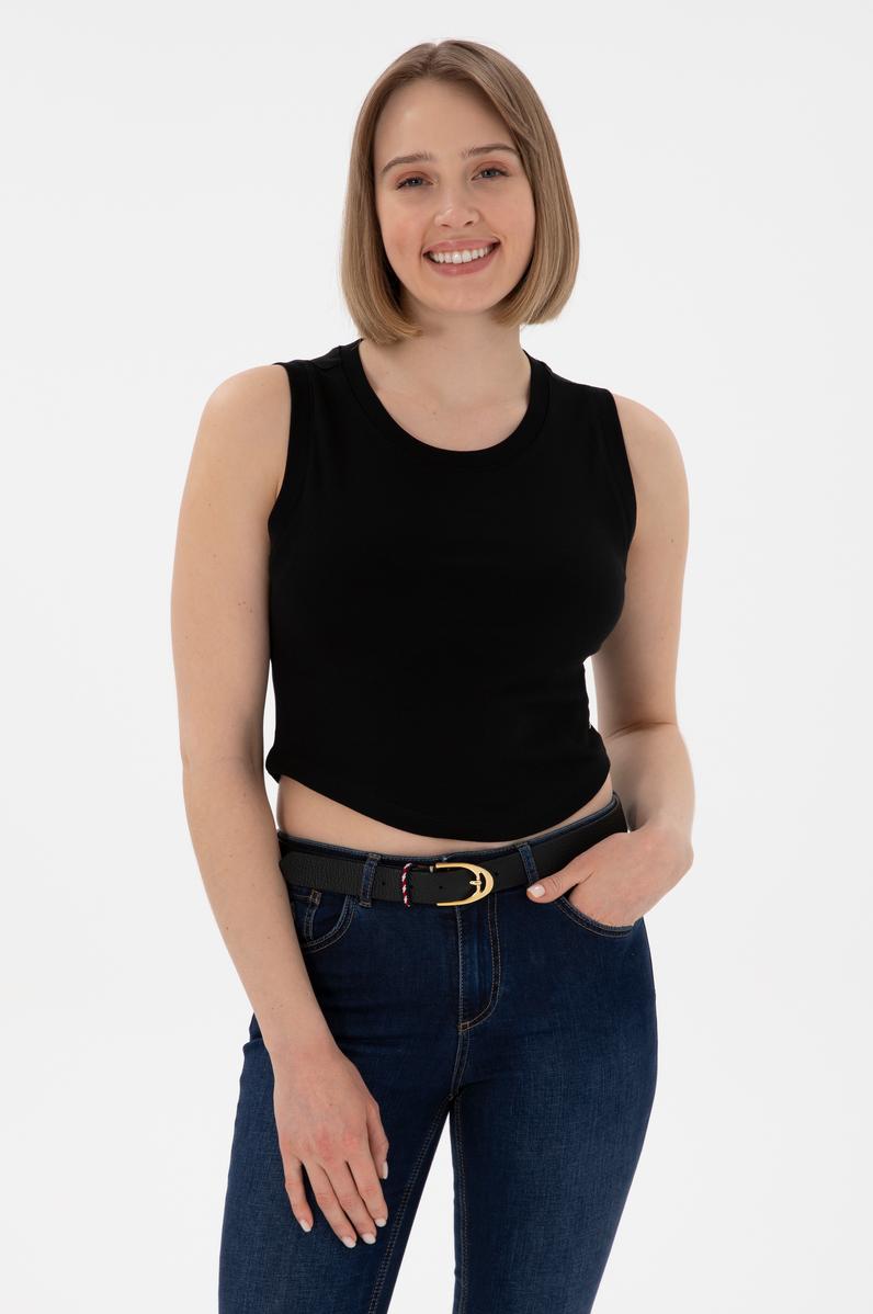 Kadın Siyah Kolsuz Bisiklet Yaka Crop Basic Tişört