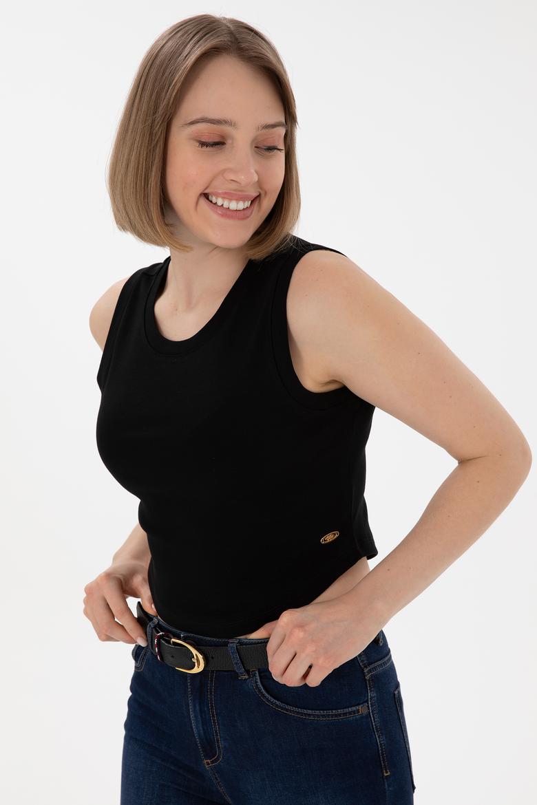 Kadın Siyah Kolsuz Bisiklet Yaka Crop Basic Tişört - 50305695003