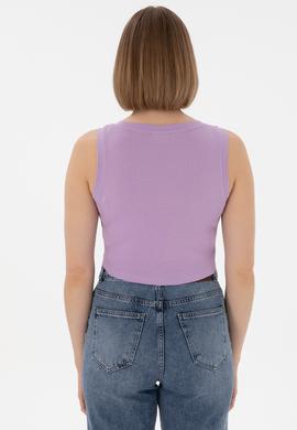 Kadın Lila Kolsuz Bisiklet Yaka Crop Basic Tişört - 50305695035