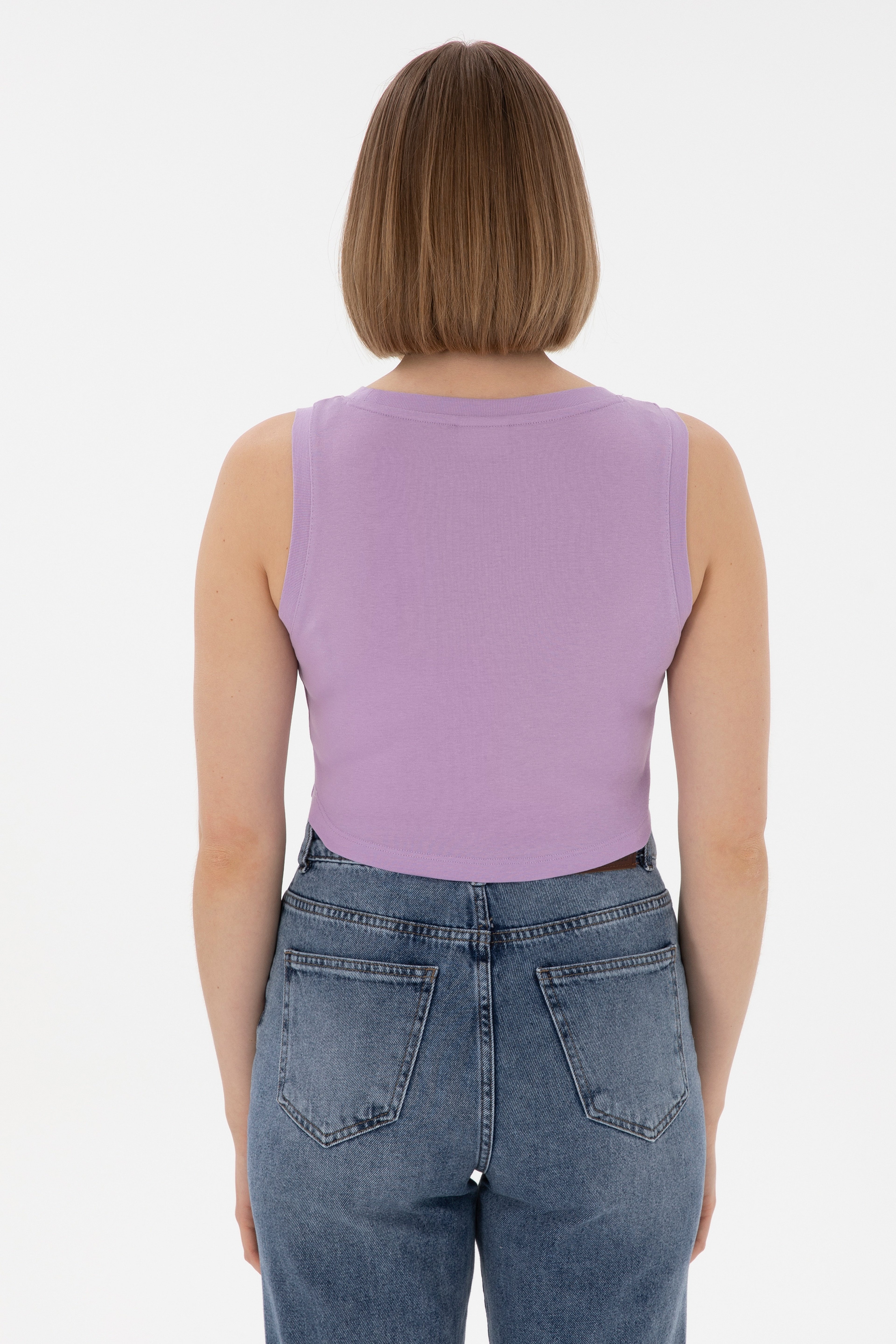 Kadın Lila Kolsuz Bisiklet Yaka Crop Basic Tişört - Image 5