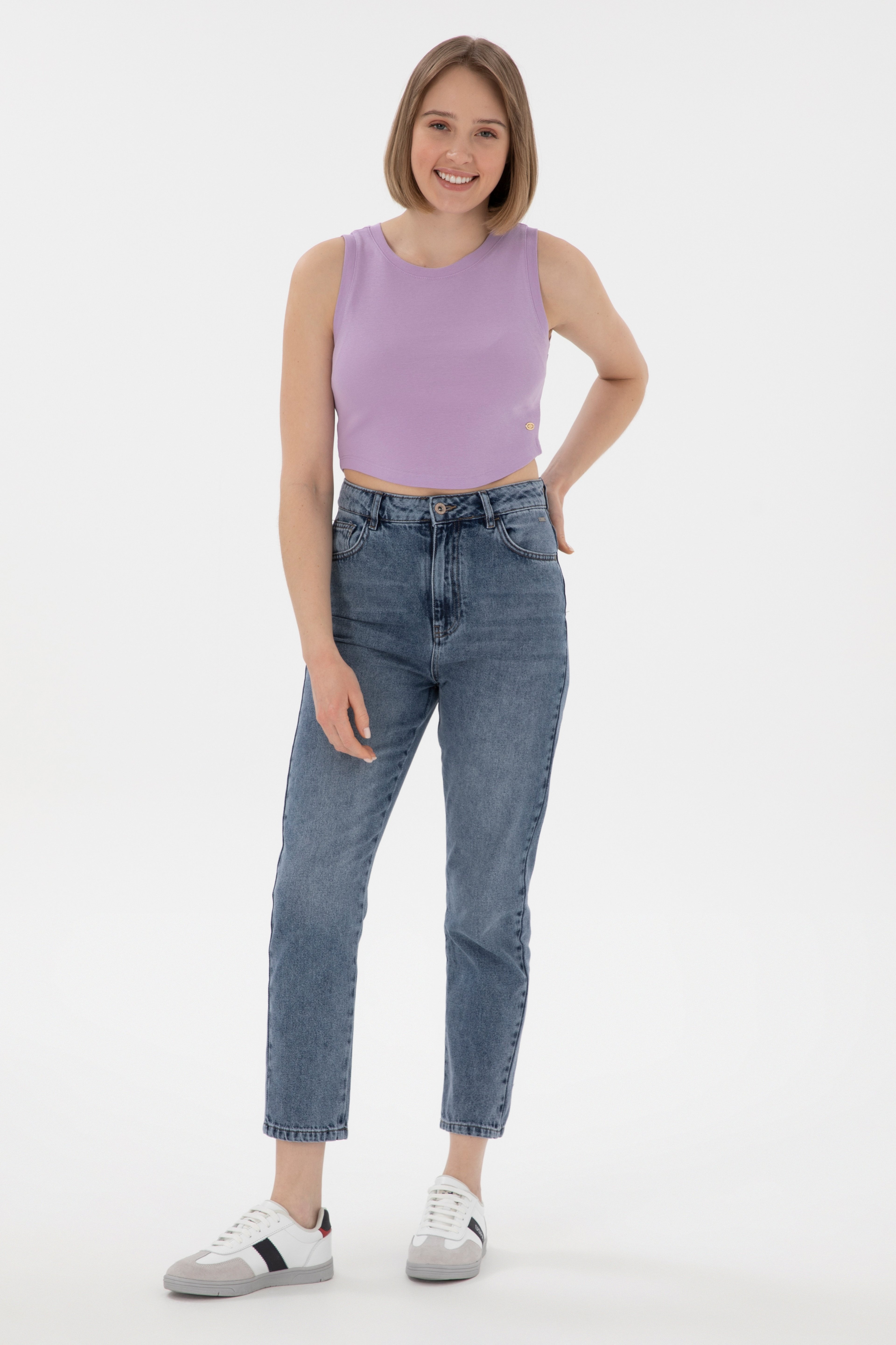 Kadın Lila Kolsuz Bisiklet Yaka Crop Basic Tişört