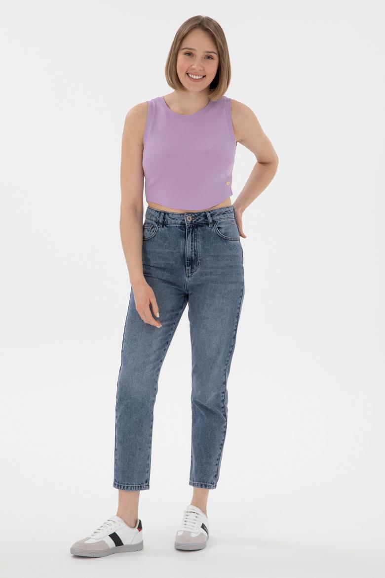 Kadın Lila Kolsuz Bisiklet Yaka Crop Basic Tişört - 50305695035