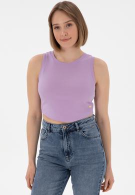 Kadın Lila Kolsuz Bisiklet Yaka Crop Basic Tişört - 50305695035