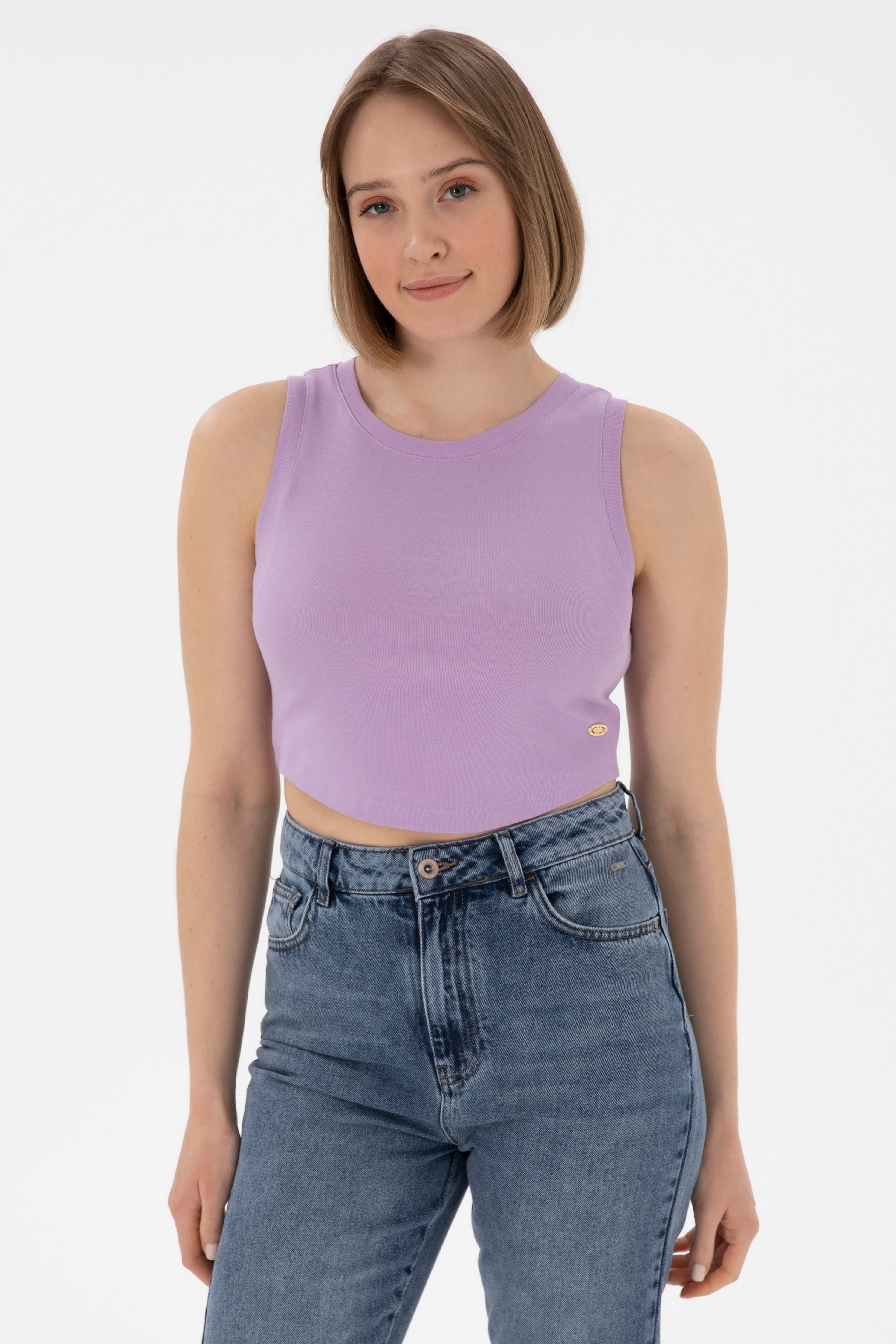 Kadın Lila Kolsuz Bisiklet Yaka Crop Basic Tişört - Image 1