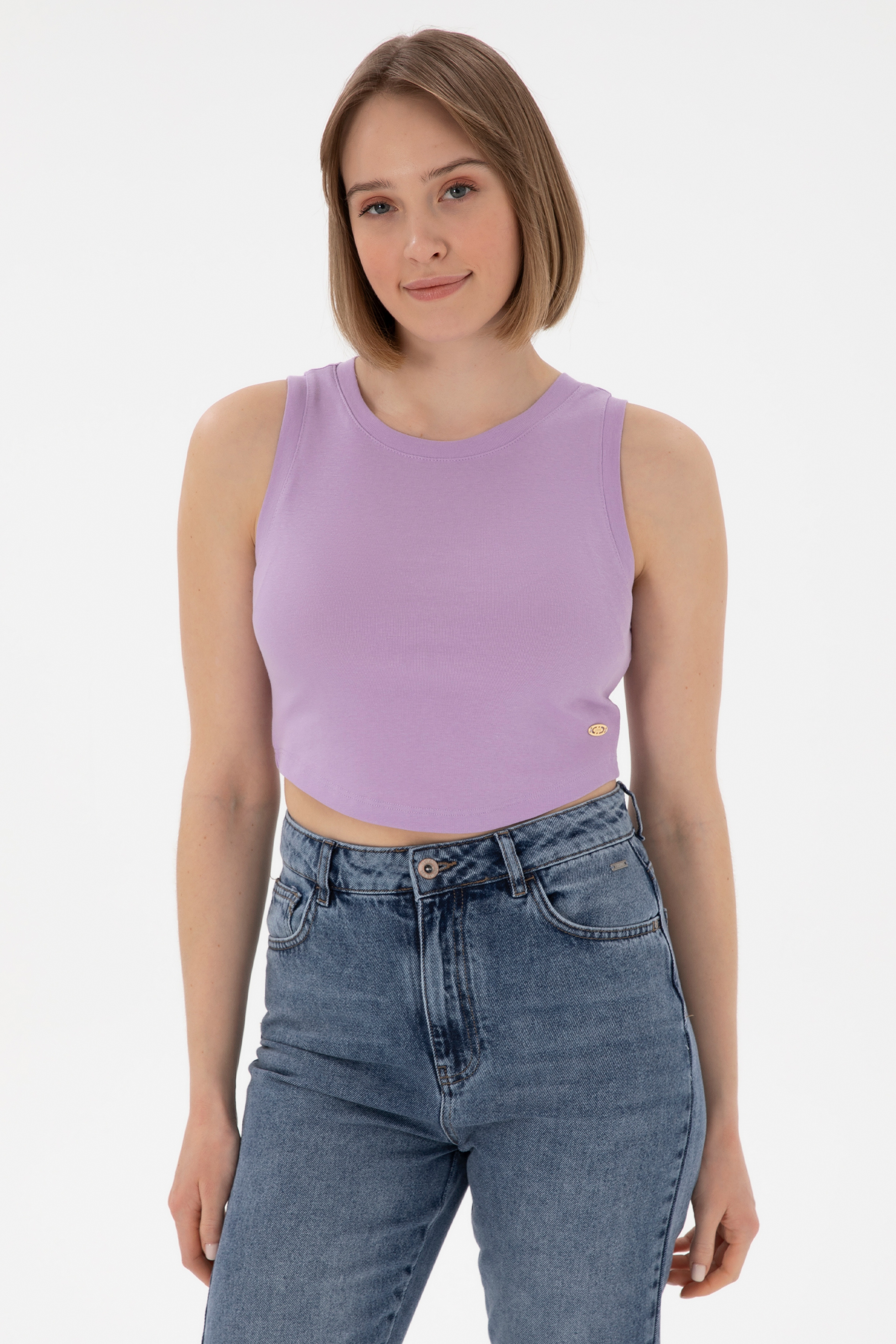 Kadın Lila Kolsuz Bisiklet Yaka Crop Basic Tişört