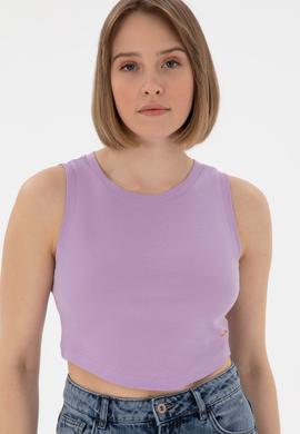 Kadın Lila Kolsuz Bisiklet Yaka Crop Basic Tişört - 50305695035