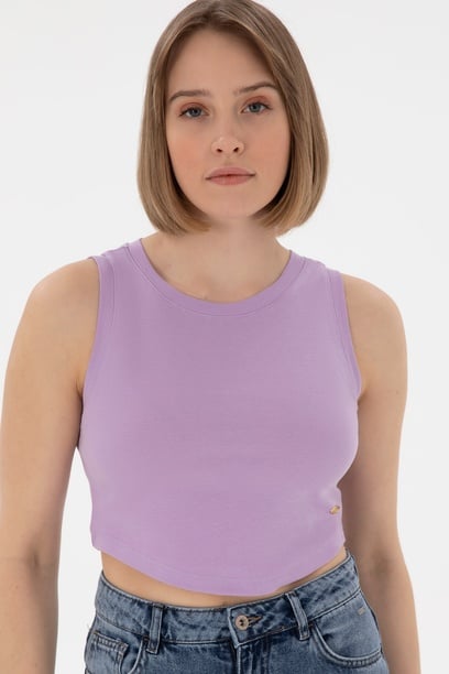 Kadın Lila Kolsuz Bisiklet Yaka Crop Basic Tişört