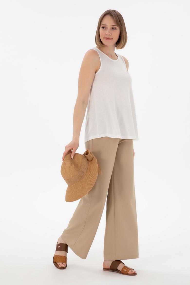 Kadın Ekru Kolsuz Bisiklet Yaka Tişört - 50305819020