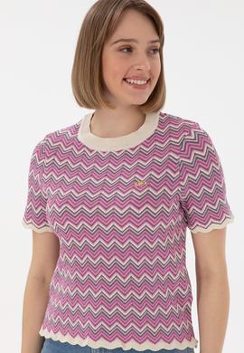 Kadın Fuşya Bisiklet Yaka Triko Tişört - 50306835020