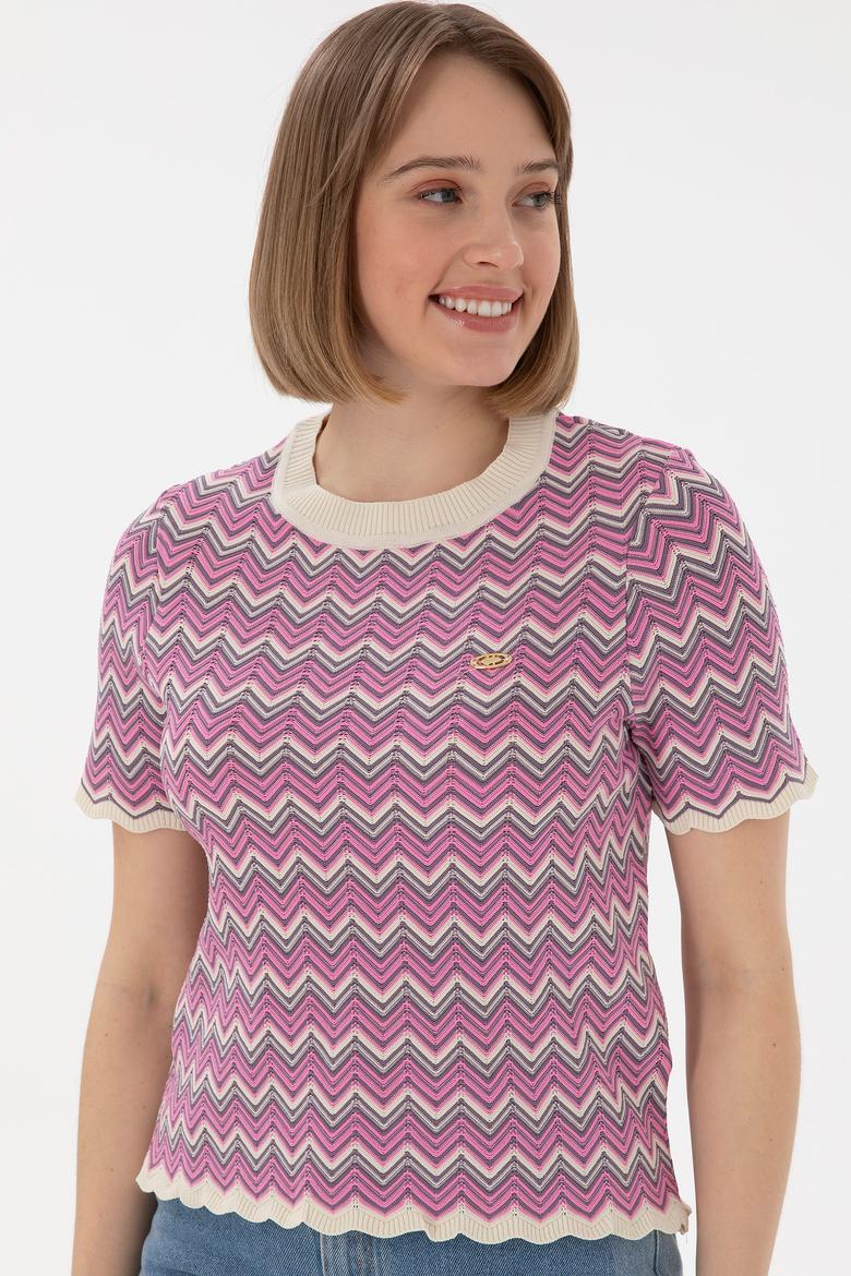 Kadın Fuşya Bisiklet Yaka Triko Tişört - 50306835020