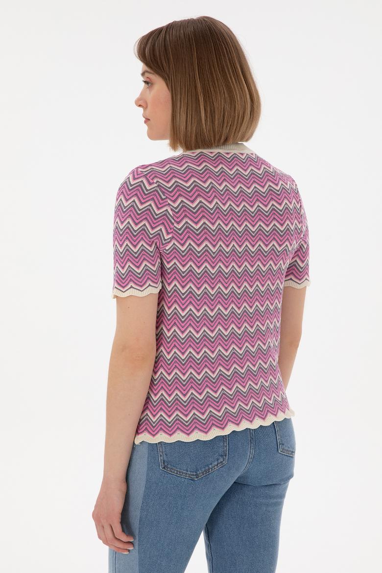 Kadın Fuşya Bisiklet Yaka Triko Tişört - 50306835020