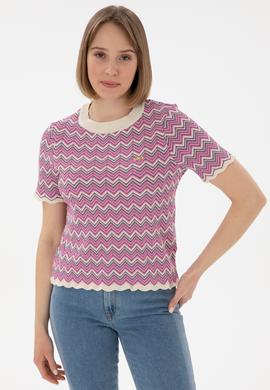 Kadın Fuşya Bisiklet Yaka Triko Tişört - 50306835020