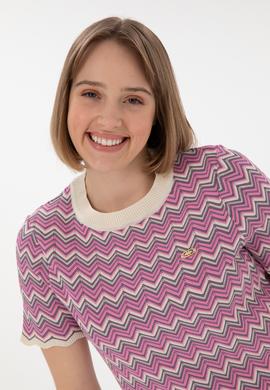 Kadın Fuşya Bisiklet Yaka Triko Tişört - 50306835020