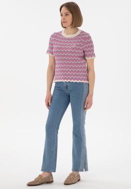 Kadın Fuşya Bisiklet Yaka Triko Tişört - 50306835020