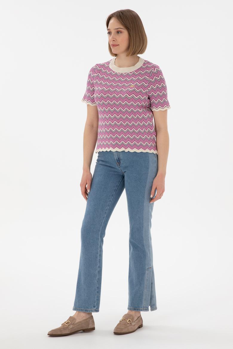 Kadın Fuşya Bisiklet Yaka Triko Tişört - 50306835020